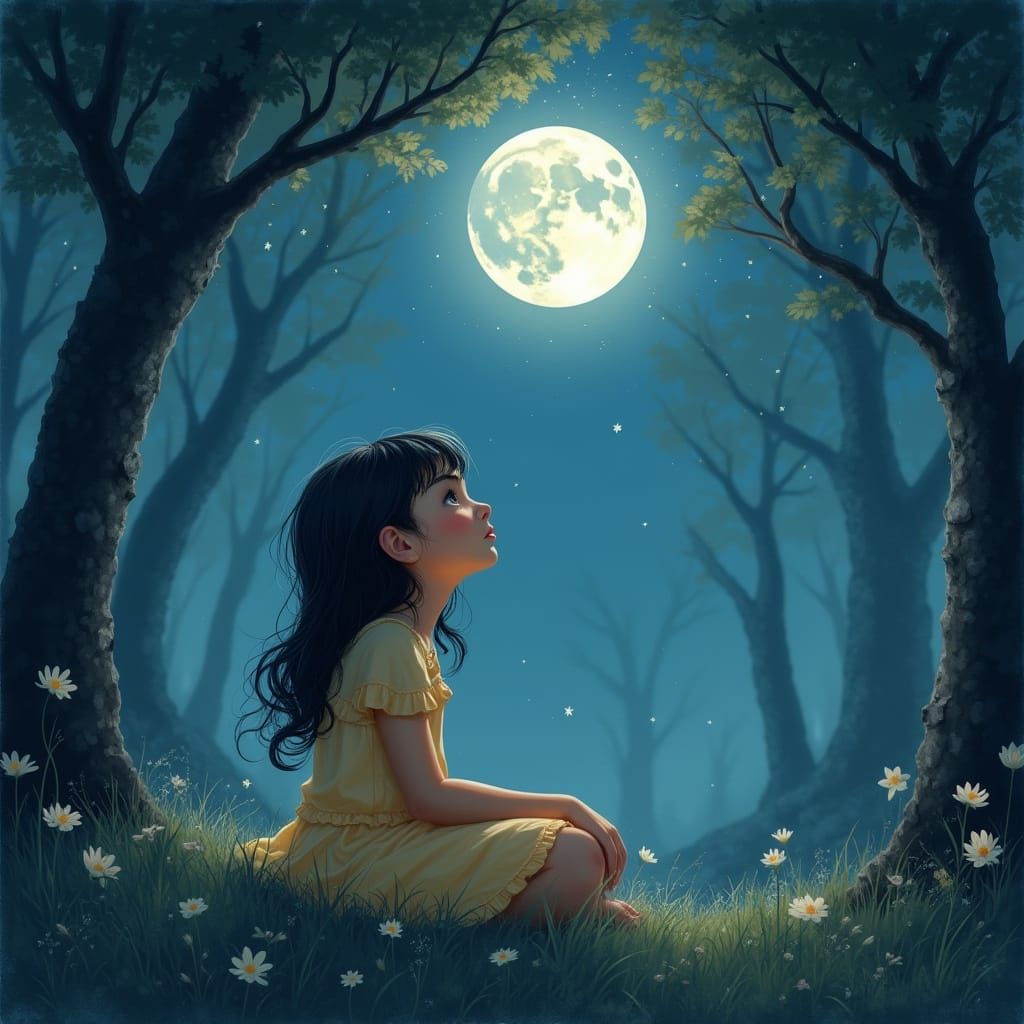 Ethereal Moonlit Moment with Young Girl Lost in Thought