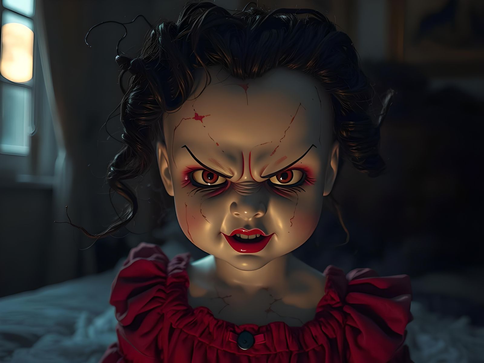 Creepy Haunted Porcelain Doll in Dark Bedroom