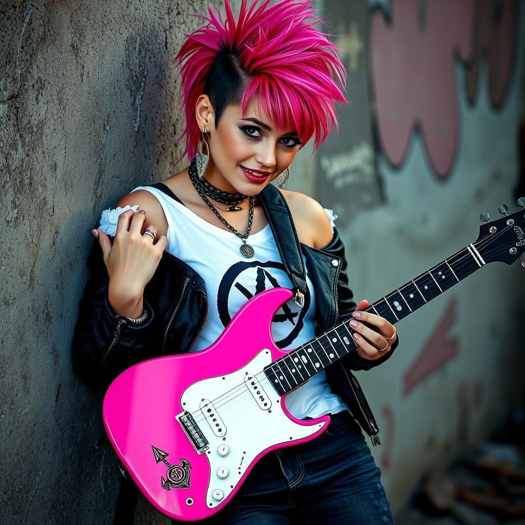 Alluring Punk Girl with Pink Mohawk and Electric Guitar