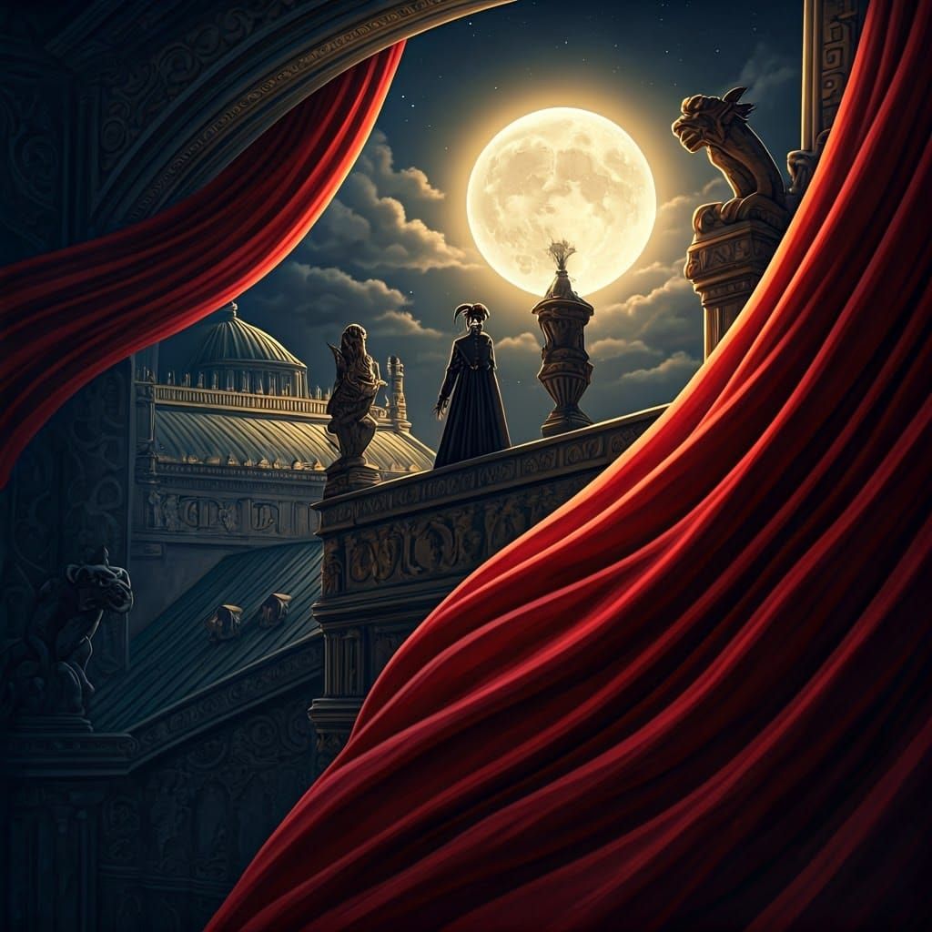 Masked Figure on Ornate Opera House Rooftop