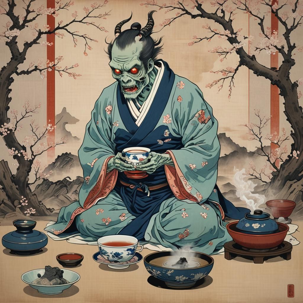 Zombie and Kaiju Tea Ceremony in Ukiyo-e Style