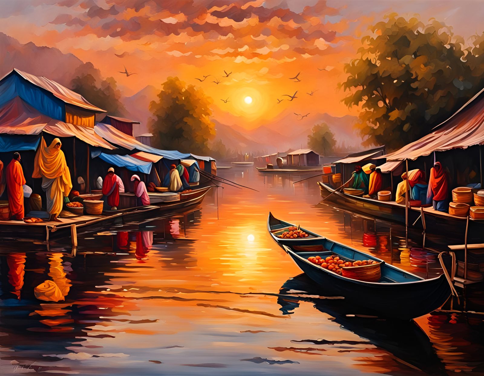 Dal Lake Sunset: Floating Market in Oil Painting