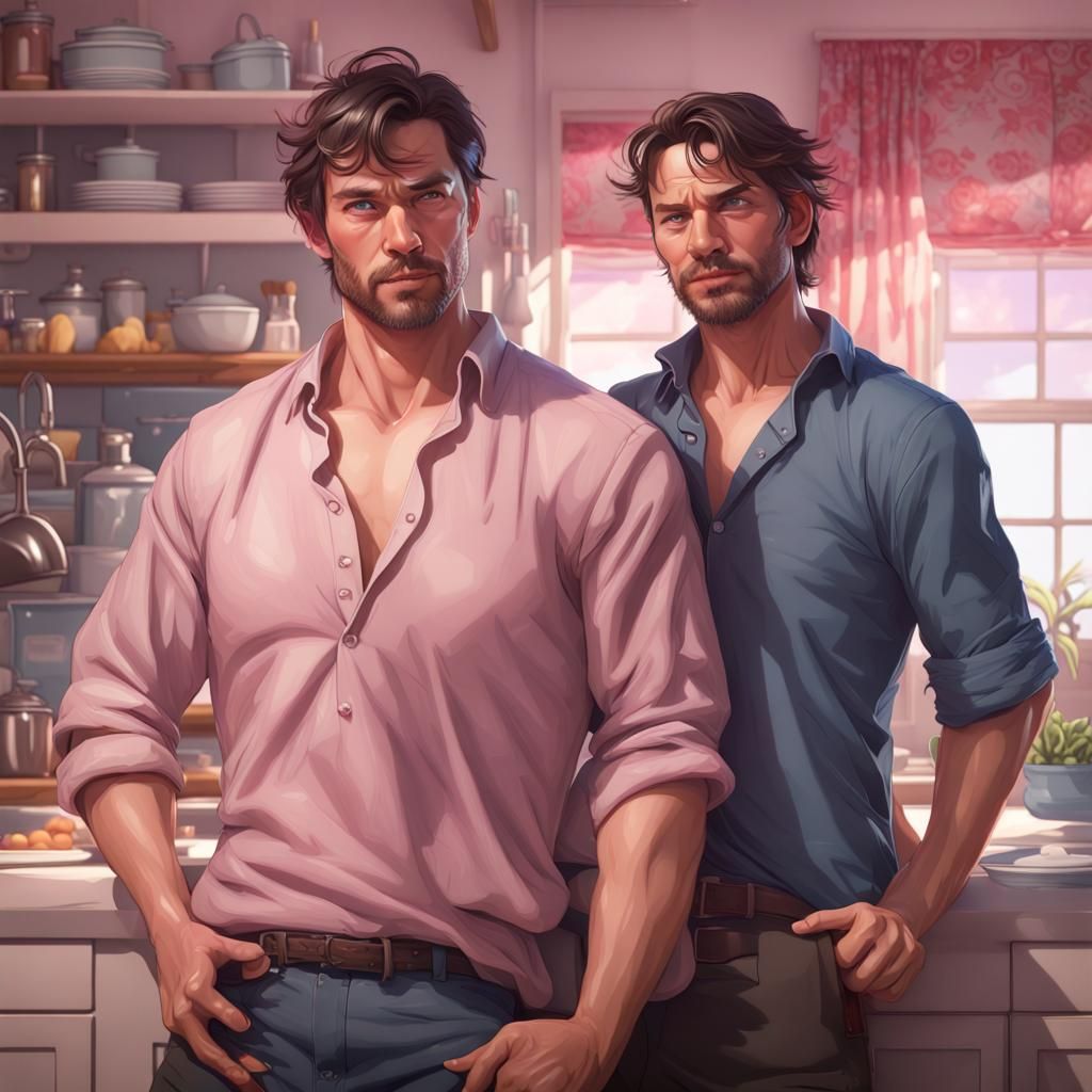 Two Men Flirting in Kitchen, Detailed Digital Art