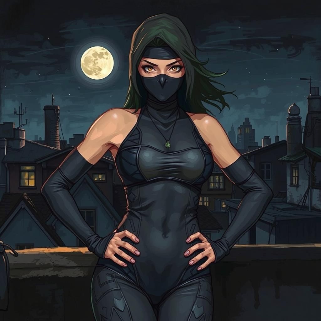 Female Ninja on Moonlit Rooftop in Oil and Ink