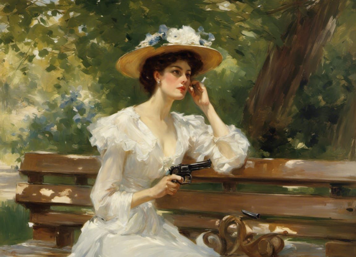 Woman on Park Bench Points Pistol: Sargent Style