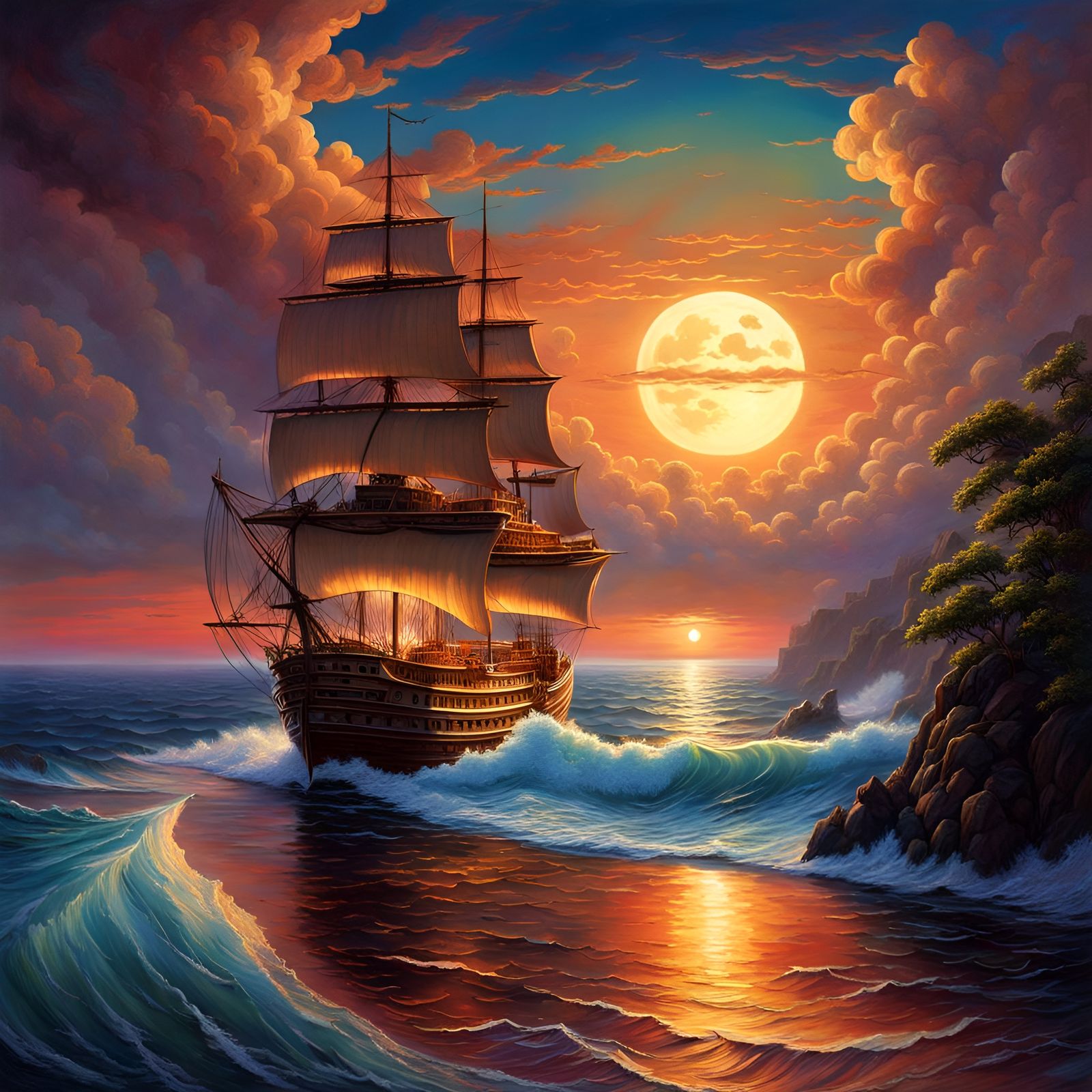 Moonrise Over Pacific Ocean: A Polychromatic Illustration