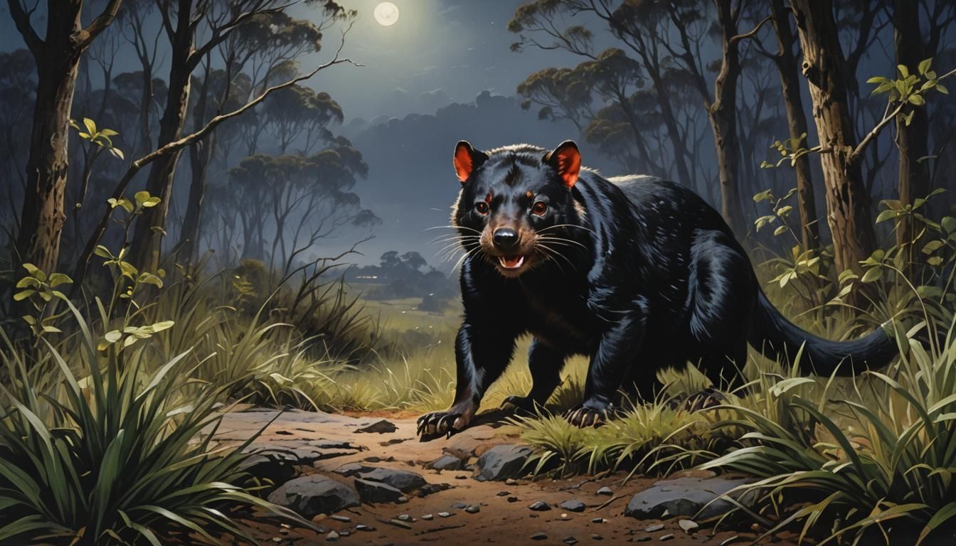 Wild Tasmanian Devil Emerges in Moonlit Landscape