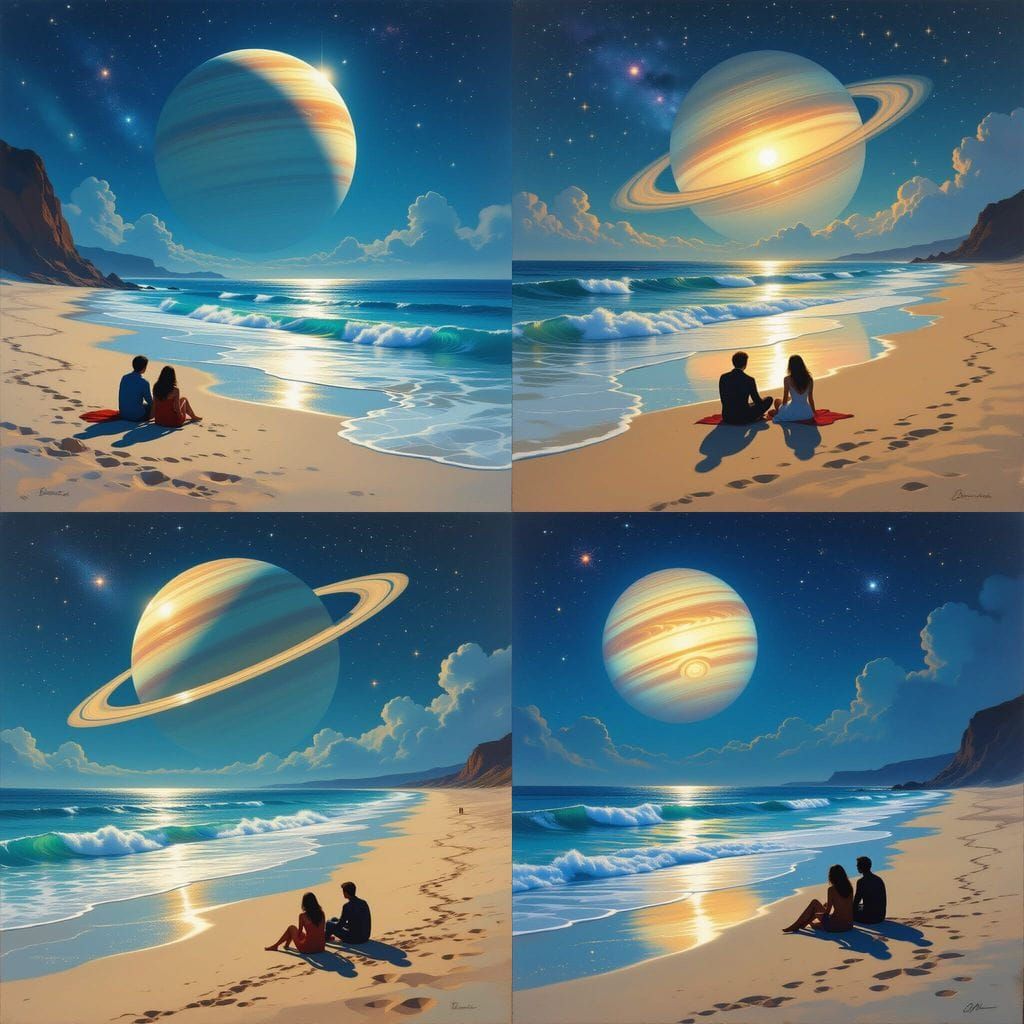 Cosmic Beach with Stardust Sand and Nebula Waves