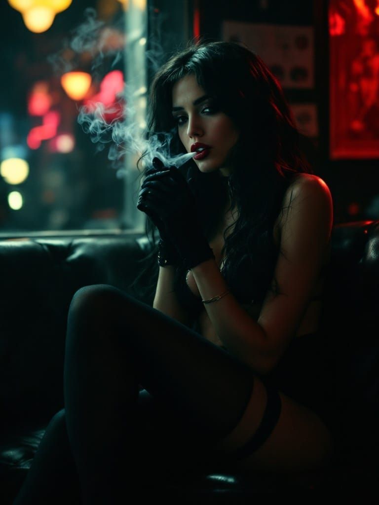 Cinematic Film Still: Woman in Stripclub Smoking