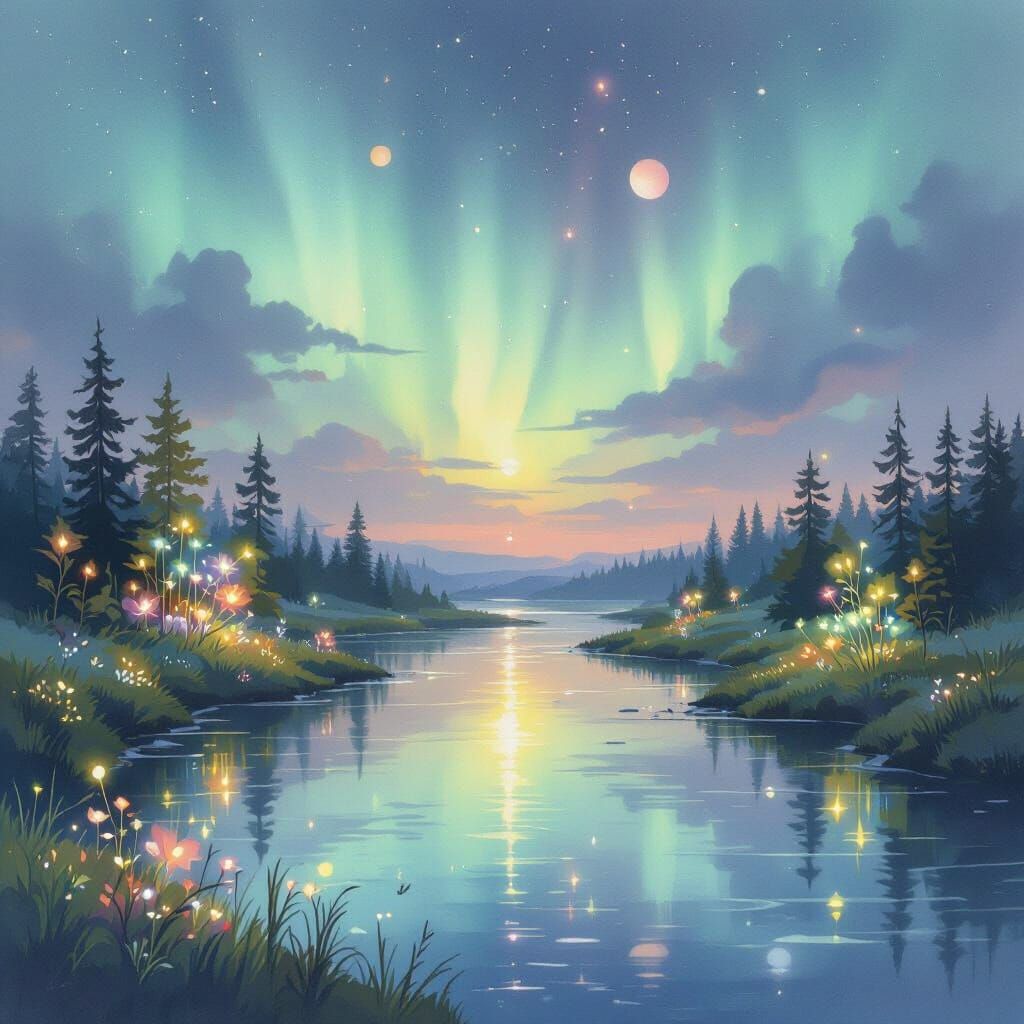 Ethereal River Reflects Aurora and Distant Planets