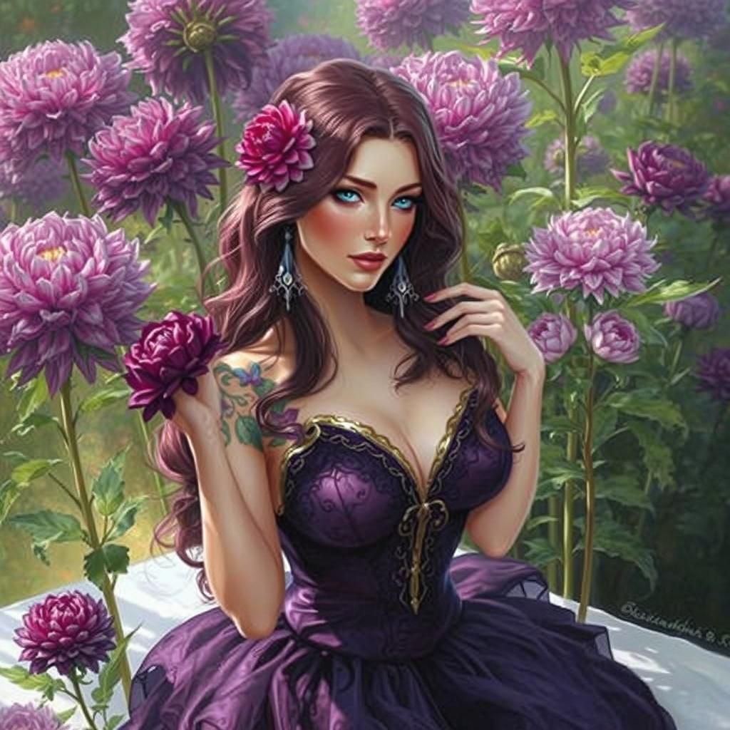 Purple Dahlia Goddess in Baroque Oil Painting