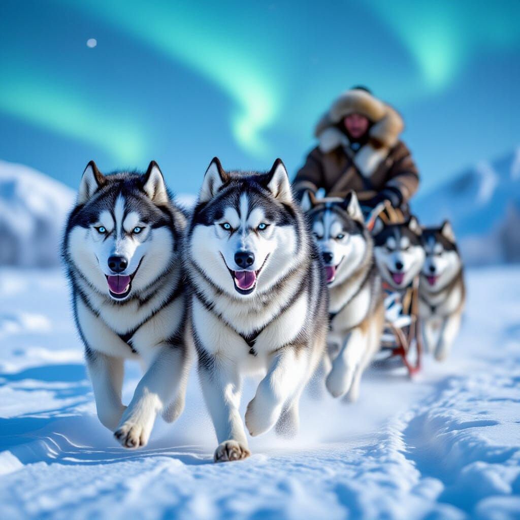Hyperrealistic Malamutes Running Under Northern Lights