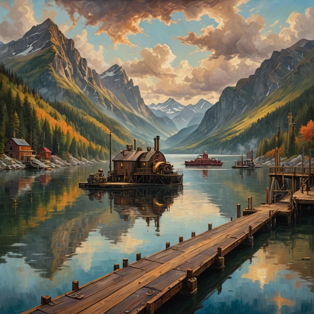 Dock at Tranquil Lake with Steampunk Engine