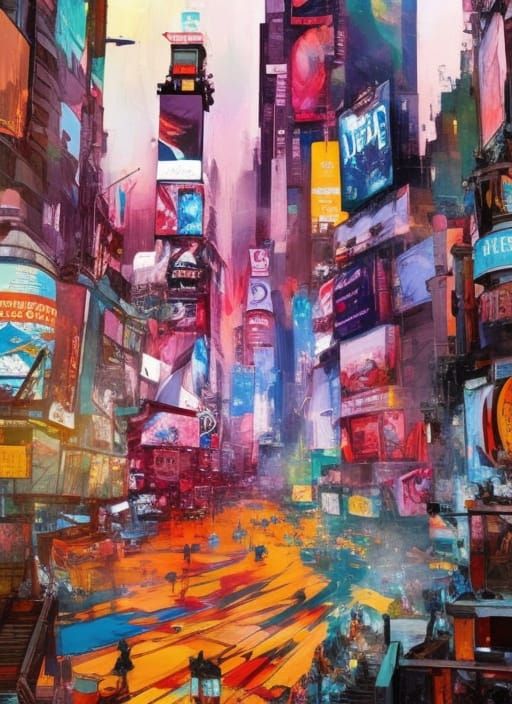 Times Square Marbling in Gouache Illustration