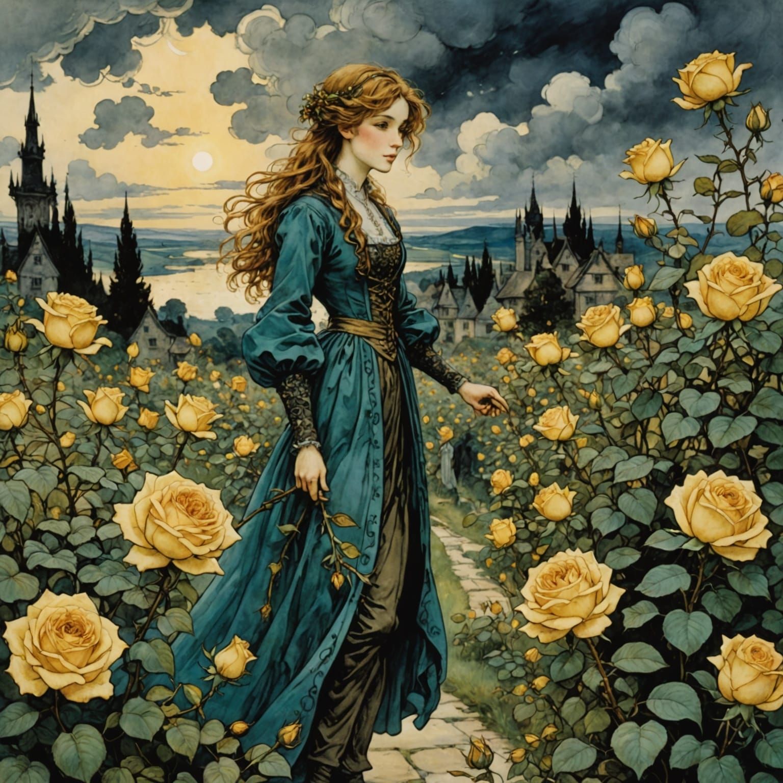 Golden Roses Bloom Under Cloudy Skies in Anime Style