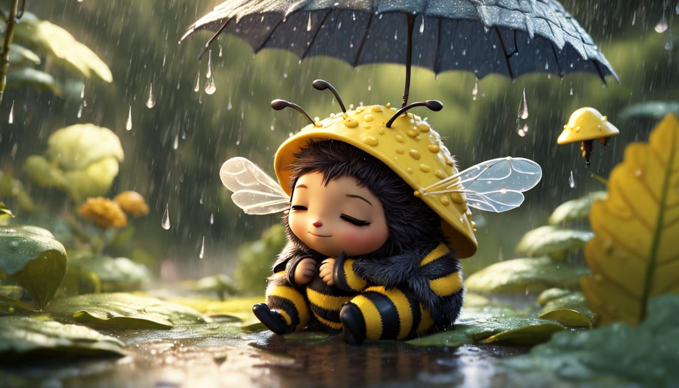 A sleepy small bee wearing tiny pajamas, dozing off under a leaf umbrella during a rainstorm