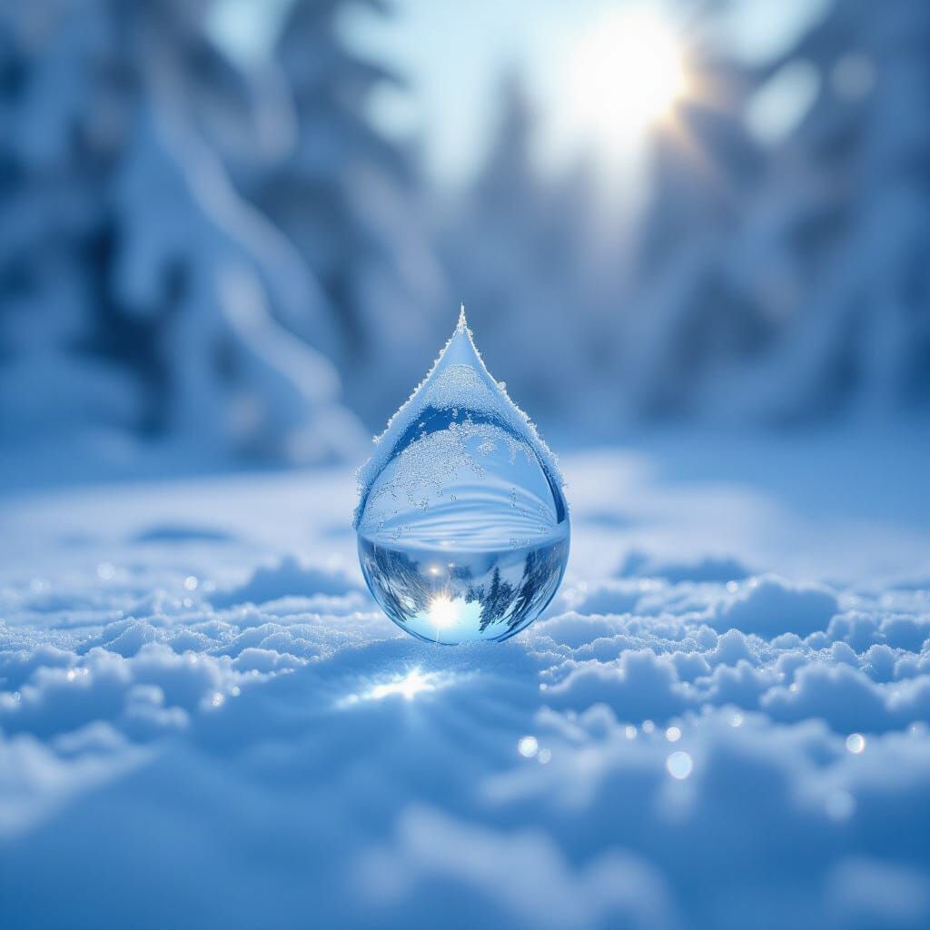 Frozen Water Droplet Reflecting Icy World