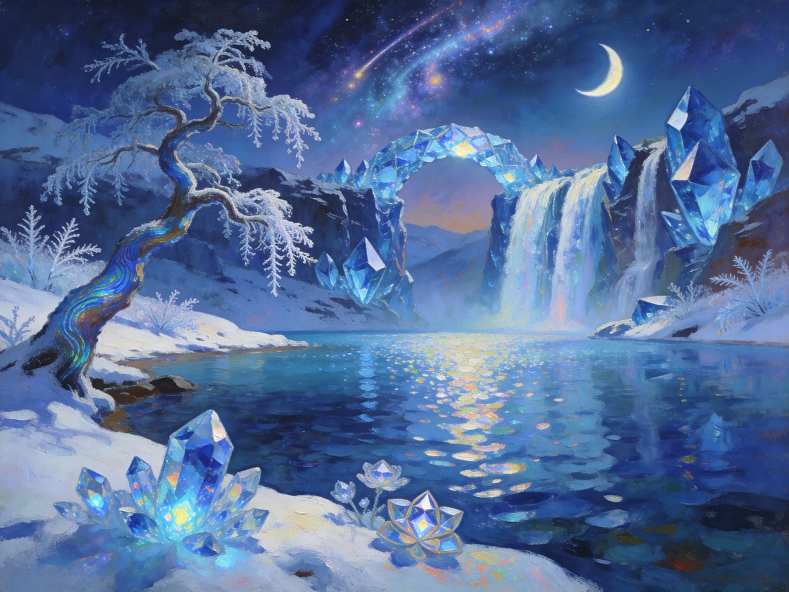Twilight Landscape with Sapphire Lake and Crystal Flora