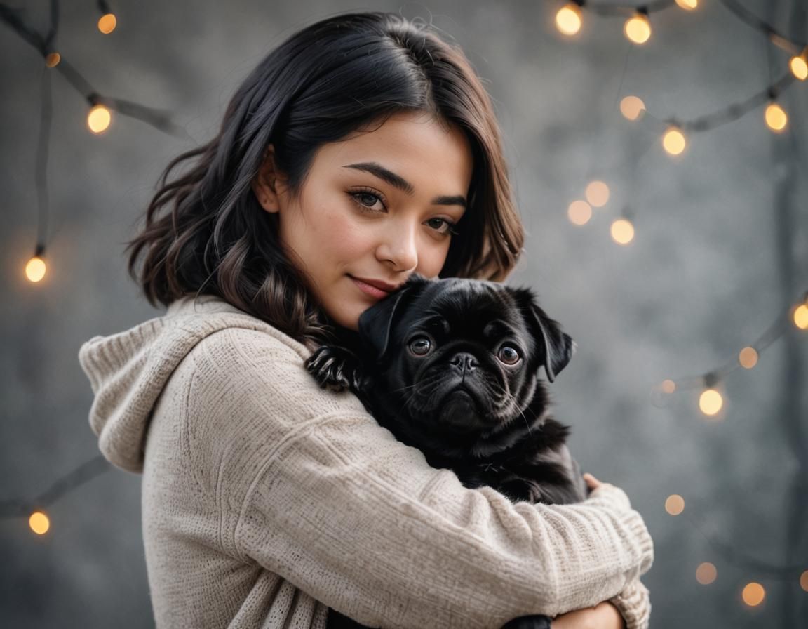 Girl Hugging Pug: Photorealistic Professional Photography