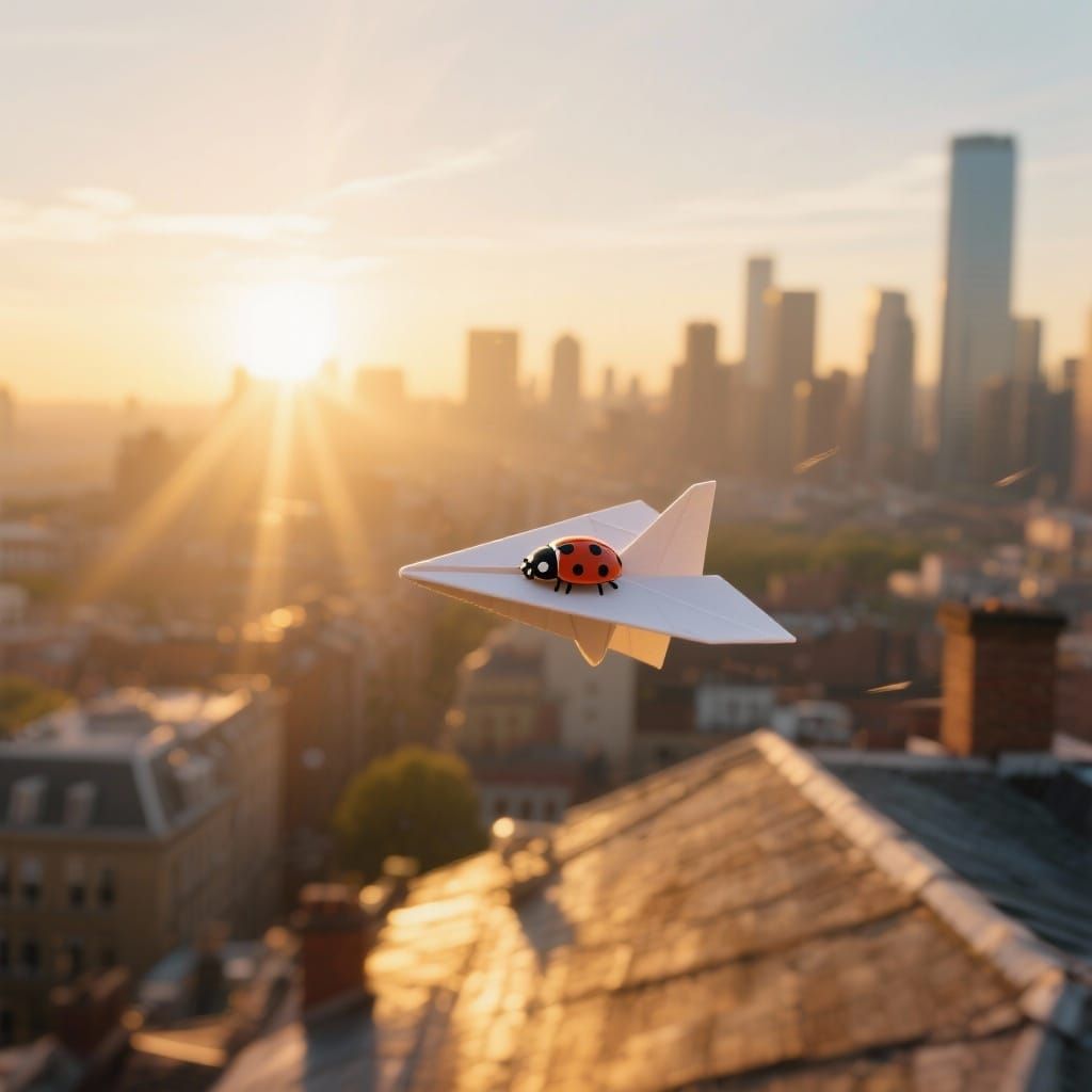 Tiny Paper Airplane with Ladybug Over Sunrise Cityscape