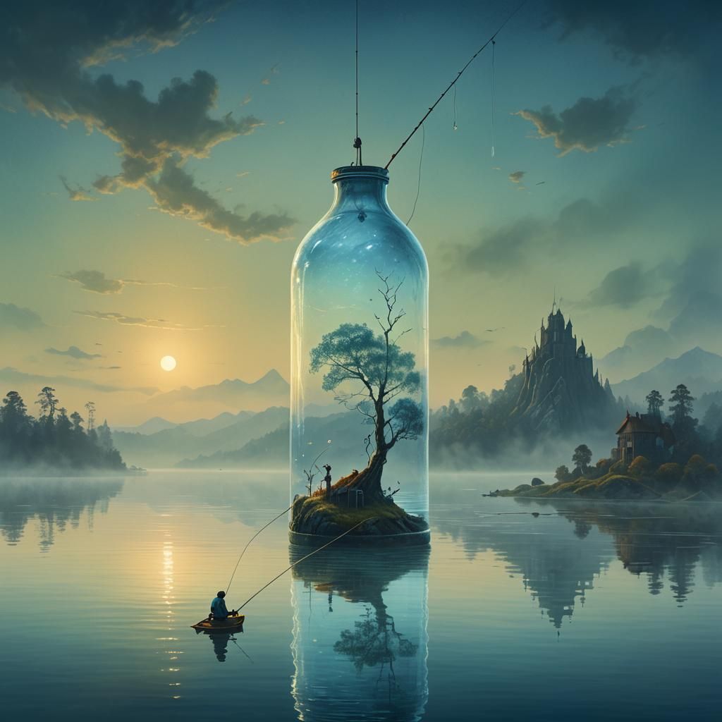 Fishing in a Bottle: Surreal Art Nouveau Scene