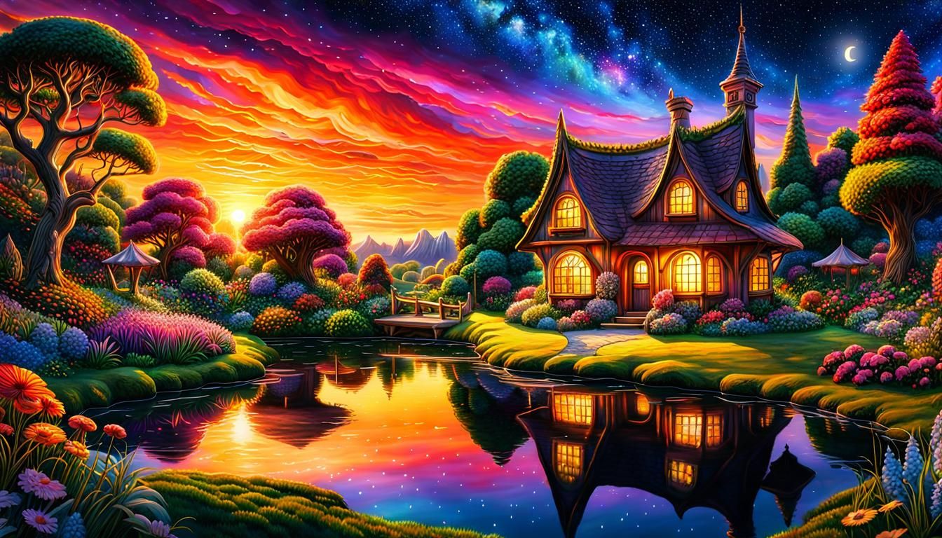 Enchanted Cottage Sunset: Gouache Impressionist Fantasy Art
