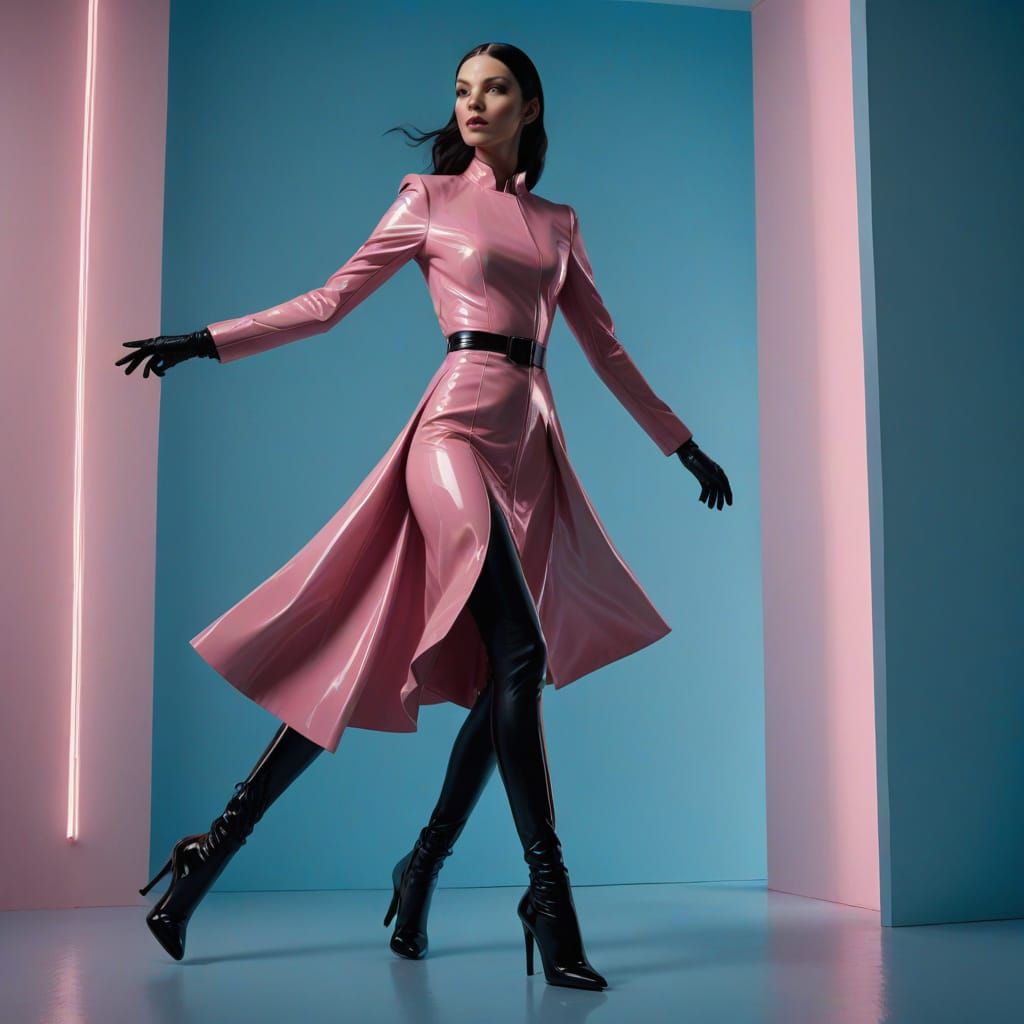 Striking Woman in Pink Latex Dress