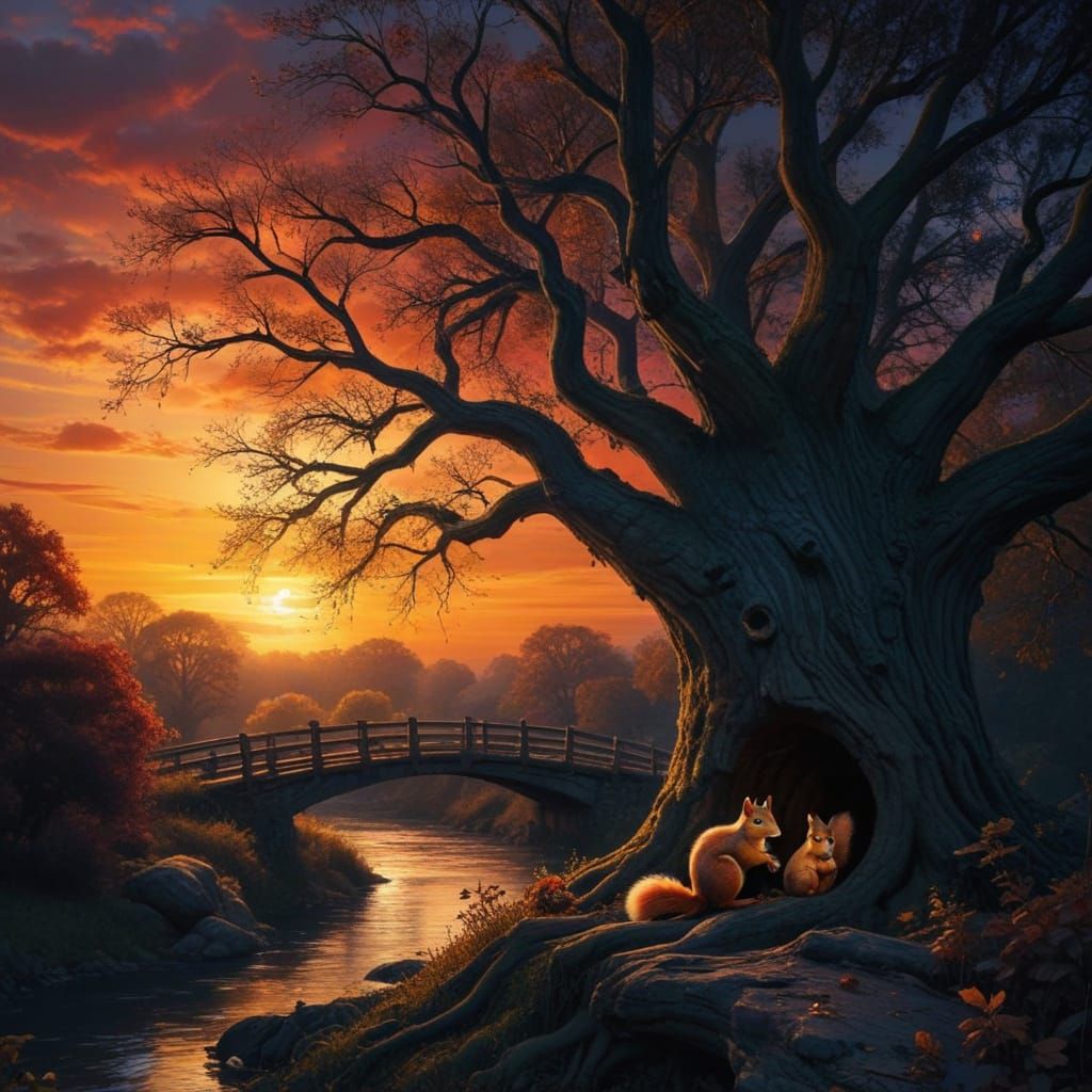 Surreal Autumn Sunset with Cute Squirrel Family
