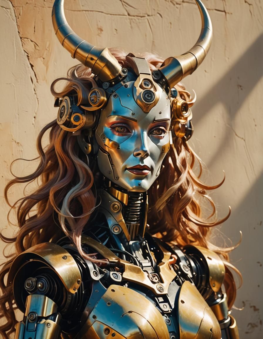 Retro Robot Woman with Horns, Expressionist Style