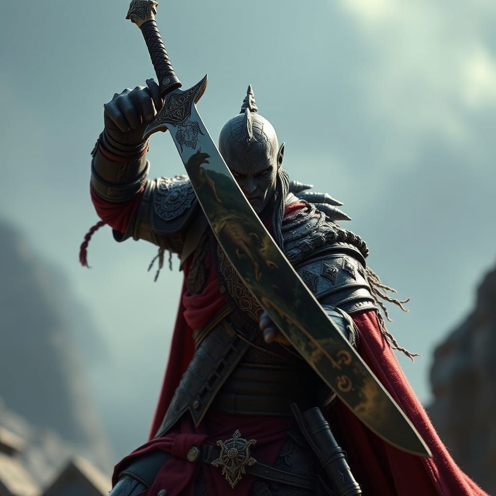 Fierce Warrior with Reflective Sword in Fantasy Art