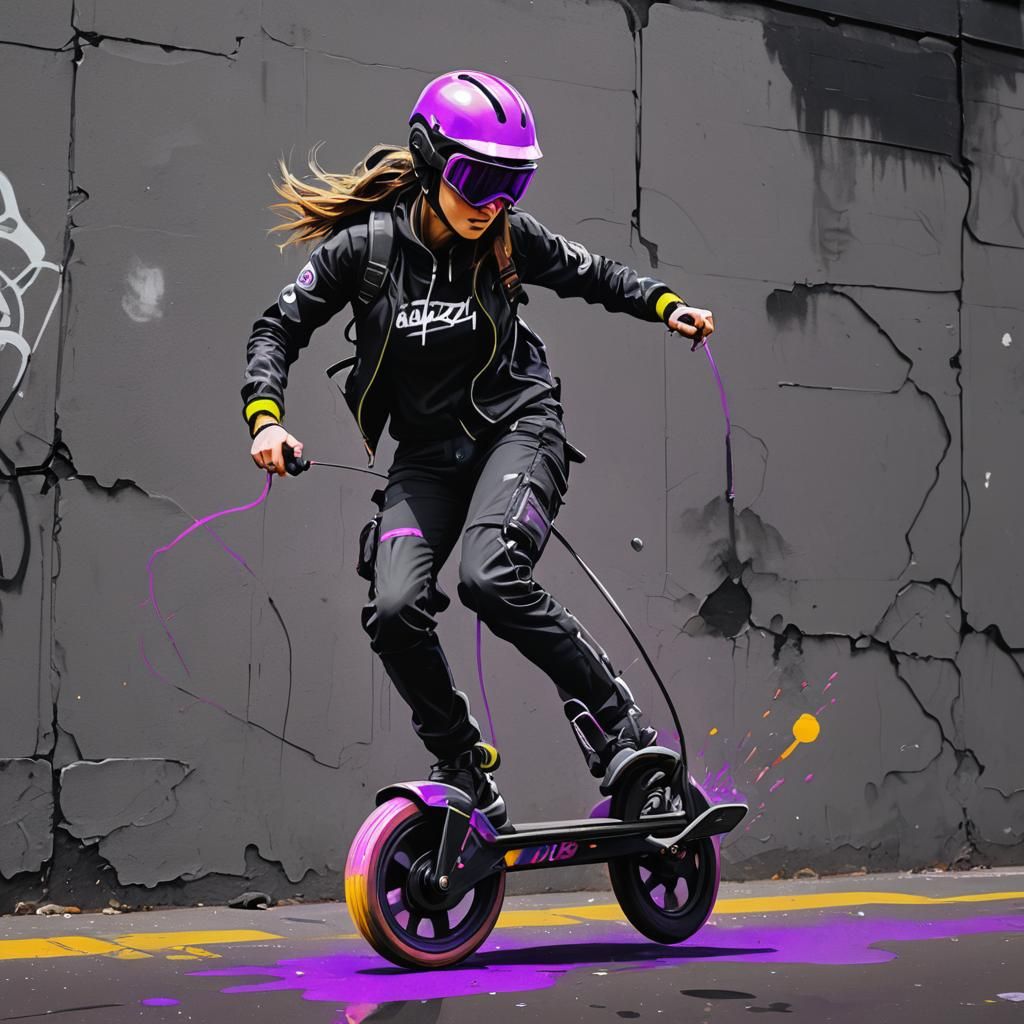Girl on Motorized Unicycle in Neon Street Art