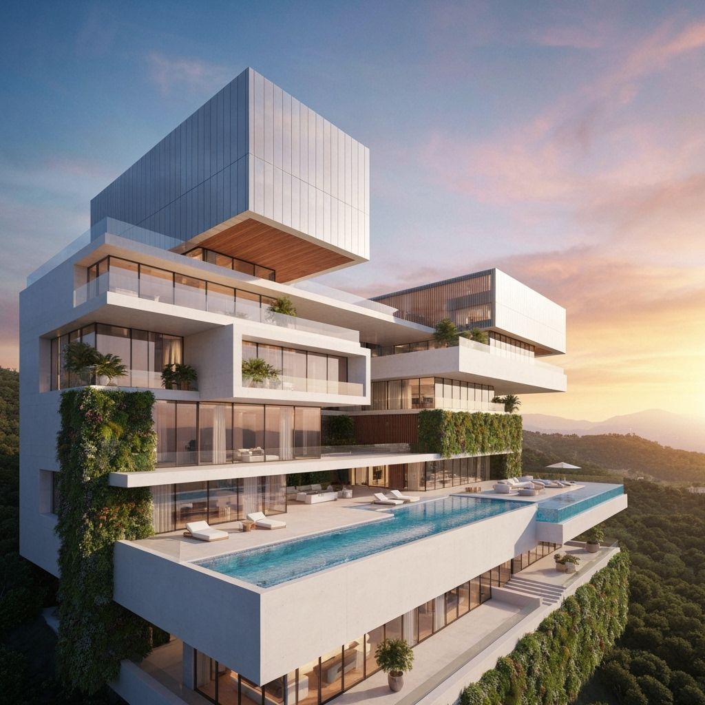 Futuristic Mega-Villa with Geometric Architecture and Sunset...