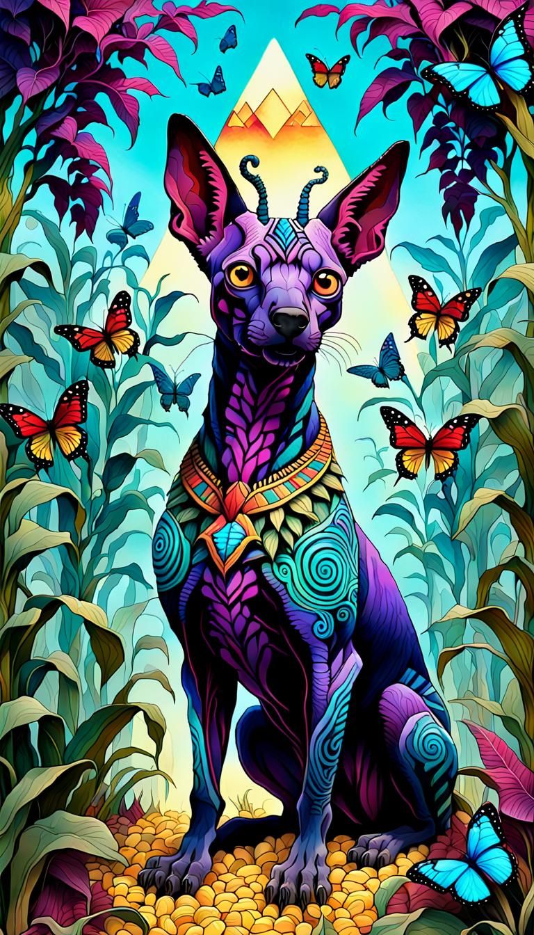 Majestic Xoloitzcuintle in Iridescent Cornfield, Fantasy Art