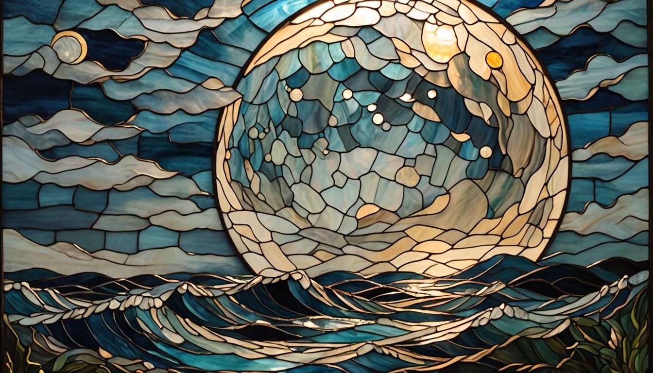 Luminescent Stained Glass Full Moon Over Ocean