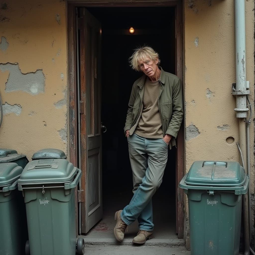 Hyperrealistic Photo of Man in Tenement Doorway