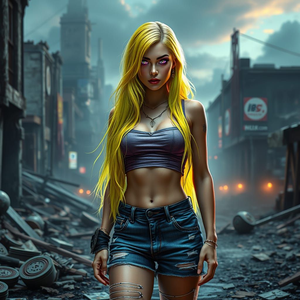 Ethereal Woman in Ruined Cityscape with Vibrant Colors and I...