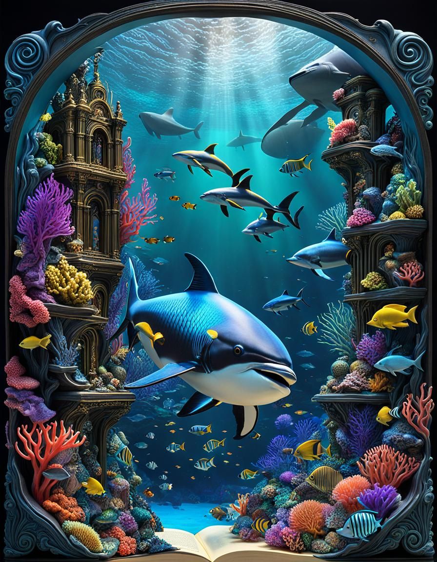 3D BOOK - A 3D book opening to reveal an underwater scene te...