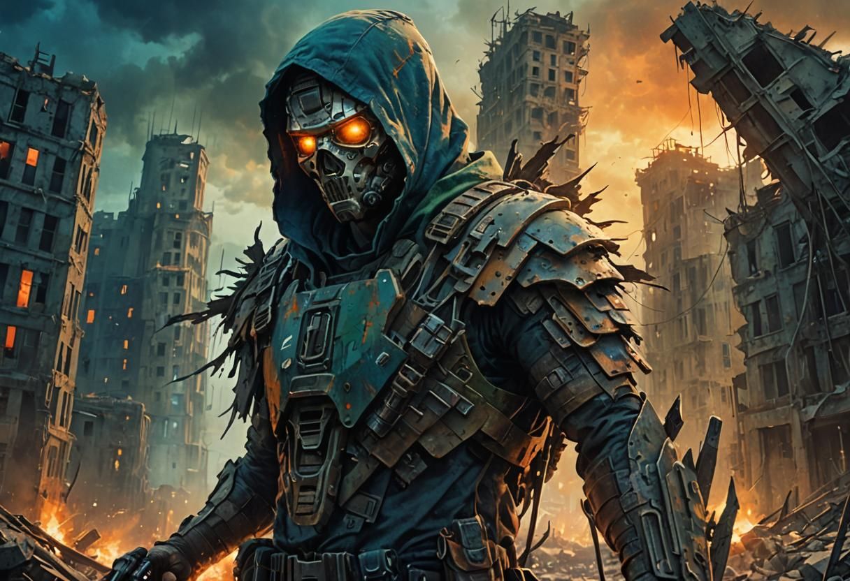 Post-Apocalyptic Survivor in Gritty Landscape Painting