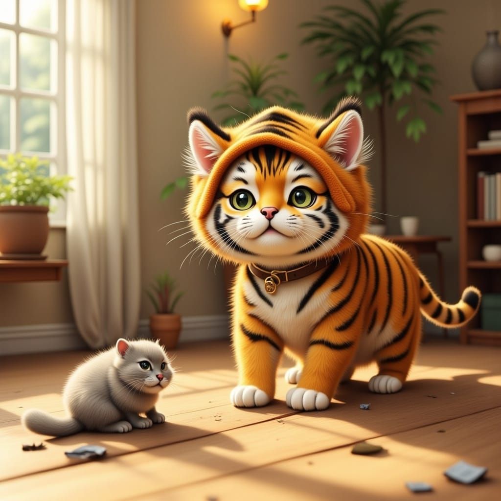 Fluffy Cat in Miniature Tiger Costume Stalks Dust Bunny