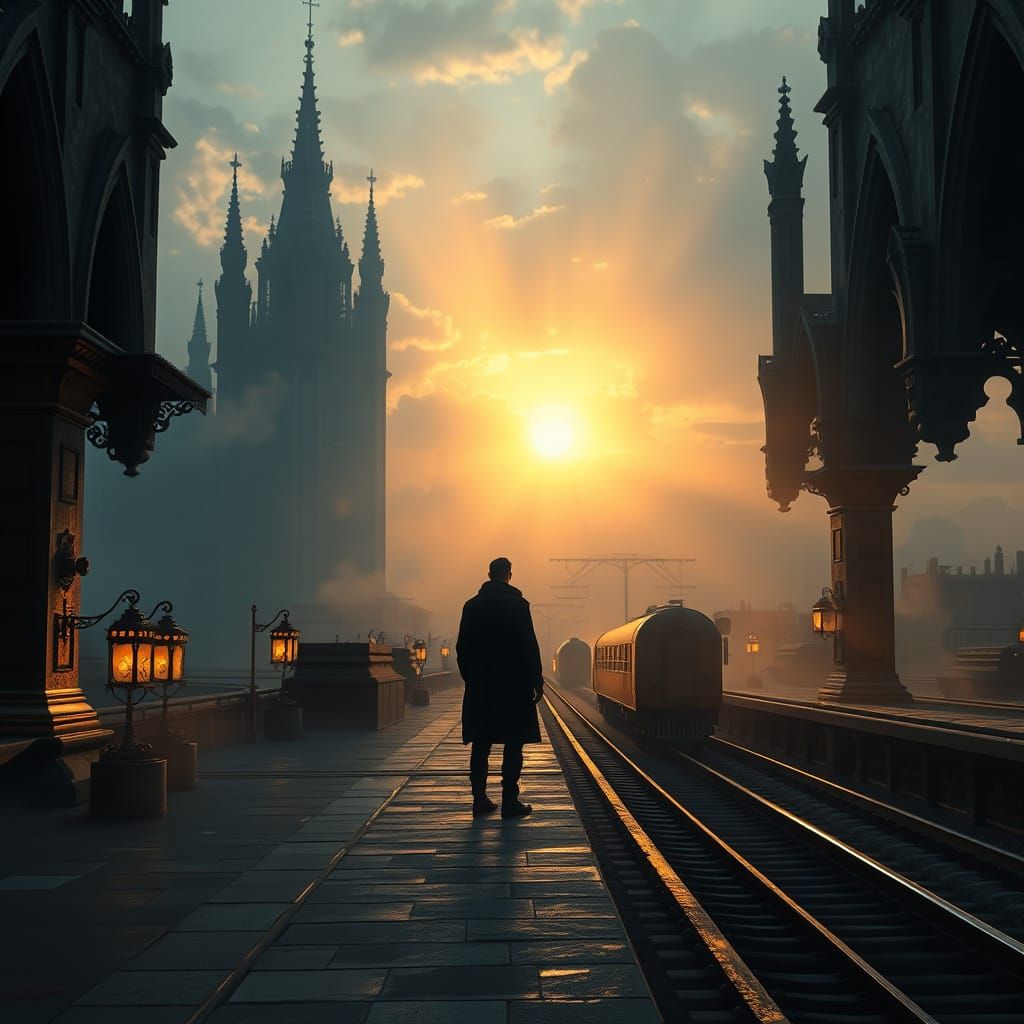 Elegant Gothic Train Station at Dusk