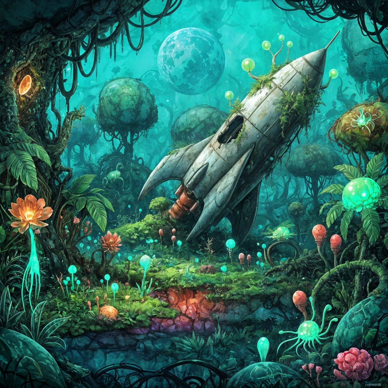 Bioluminescent Alien Jungle with Crashed Rocket in Dreamlike...