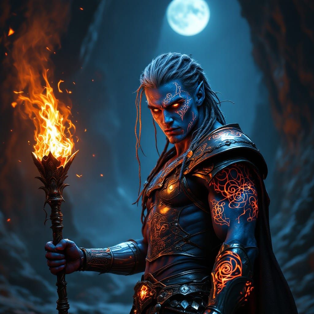 Heroic Drow Warrior in Torchlit Cavern