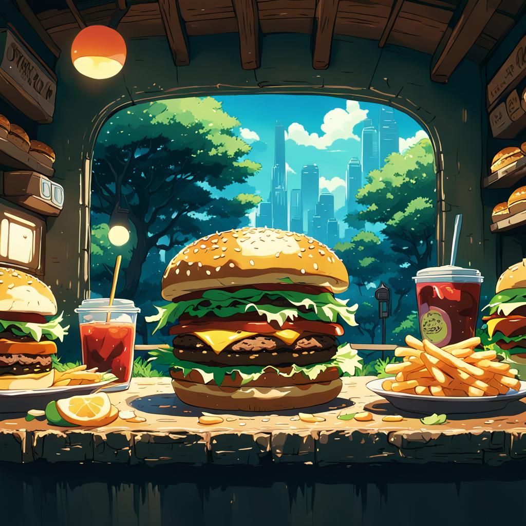 Kawaii Burger in Studio Ghibli Anime Style