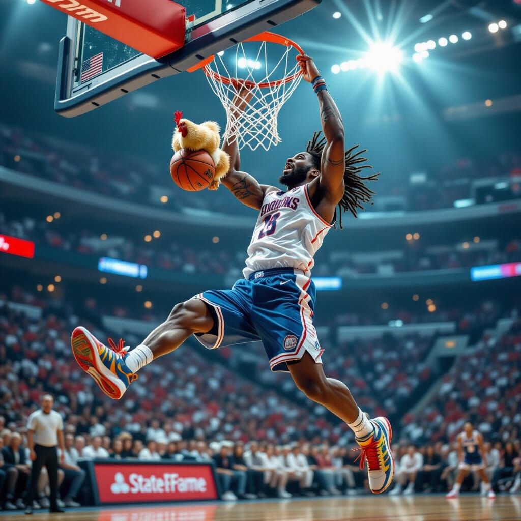 Basketball Player Dunks a Chicken: Hyperrealistic Detailed A...