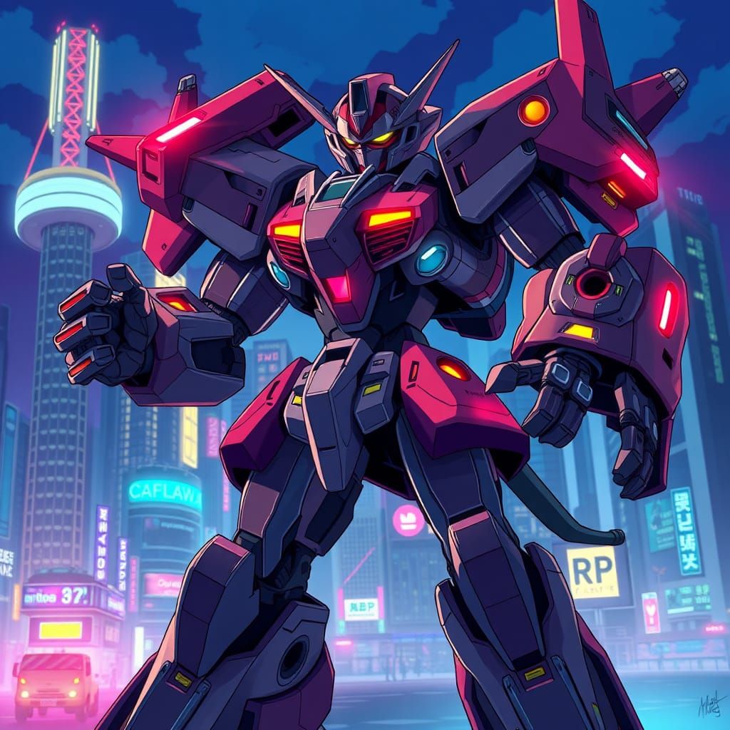 Heroic Robot in Neon Cityscape, Manga Style