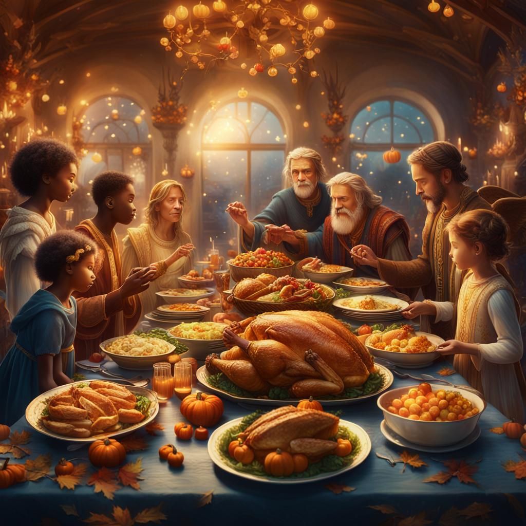 Magical Thanksgiving Feast with Angels, Digital Matte Painti...