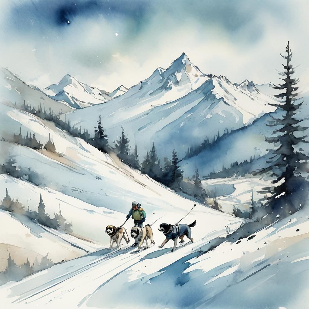 Skier and St. Bernard Dogs in Snowy Landscape