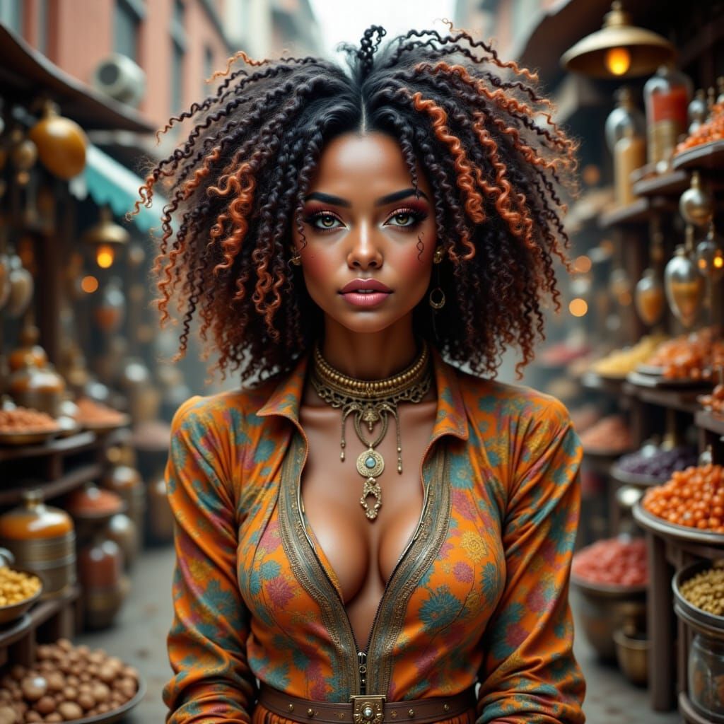 Woman at a Vibrant Market in Digital Painting Style