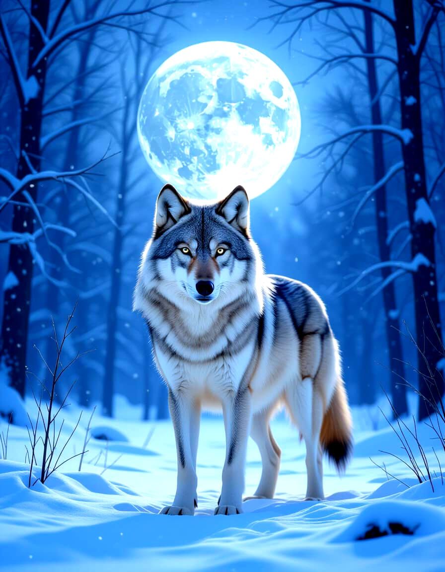 Direwolf in Barren Winter Forest Under Moonlight