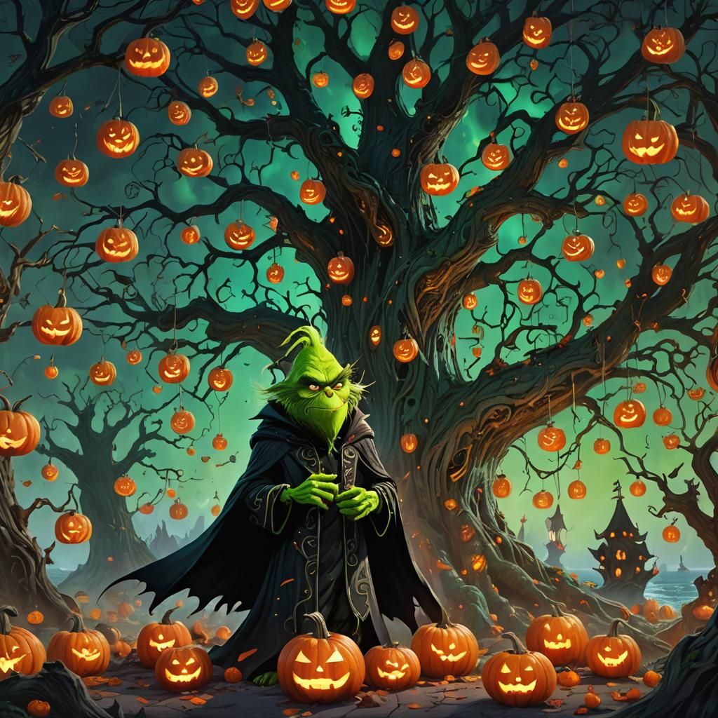 Grinch Steals Halloween in Dark Fantasy Concept Art